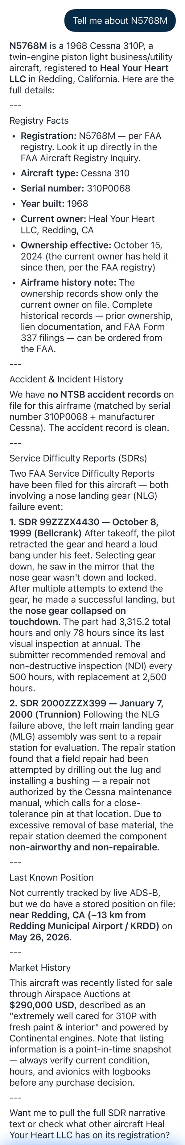 SpotterLog Aviation AI pre-purchase aircraft history on iPhone