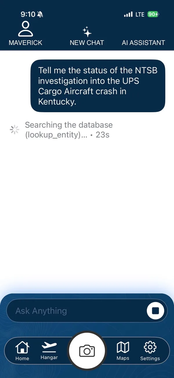 SpotterLog Aviation AI research chat on iPhone