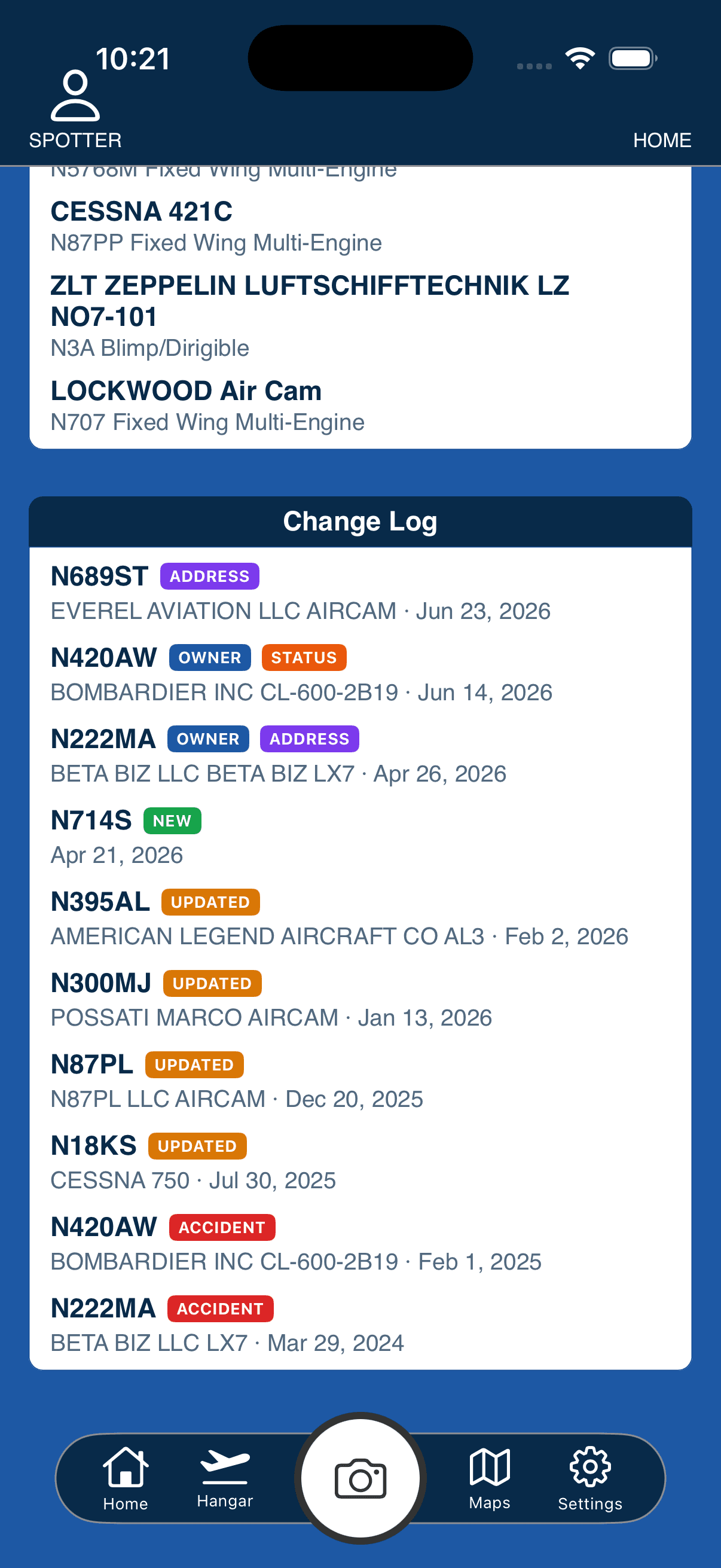 SpotterLog change log screen with ownership, registration, and accident alert badges