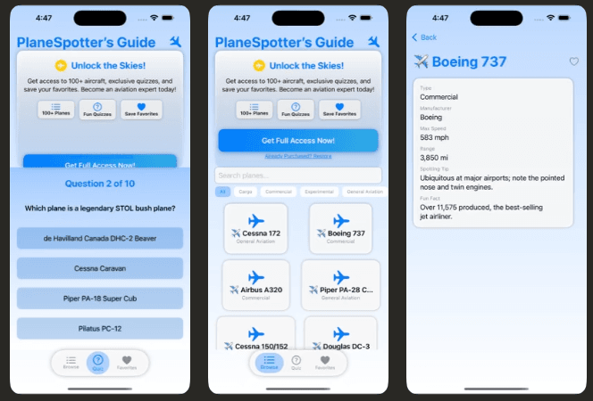 PlaneSpotter's Guide app screens showing a quiz, an aircraft browser, and a Boeing 737 detail page.