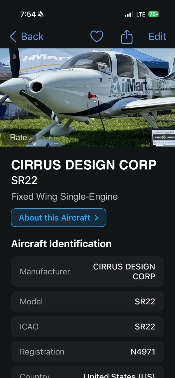A SpotterLog sighting: a photographed Cirrus SR22 (N4971), automatically identified with manufacturer, model, ICAO type and registration details.