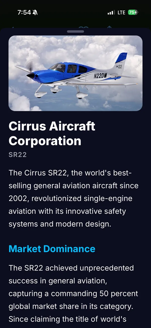 A SpotterLog aircraft profile for the Cirrus SR22 (N22DM), with a hero photo and a written history of the type.