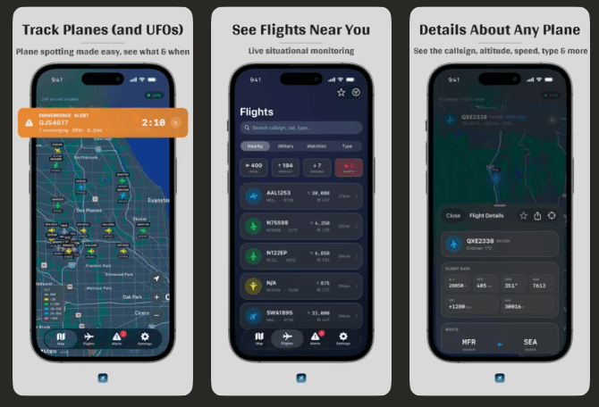 Plane Tracker & UFO Spotter screens showing a live altitude-colored aircraft map with a convergence alert, a nearby flights list, and a flight detail panel.