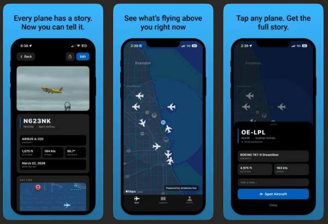 TailLog screens showing a logged aircraft with photo and flight data, a live ADS-B radar map of nearby planes, and a tapped aircraft's detail panel.