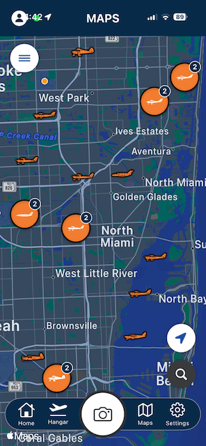 SpotterLog spotting map screen with aircraft pins across Miami