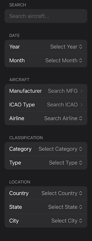 The SpotterLog Filter Aircraft screen with filters for date, manufacturer, ICAO type, airline, category, country, state, and city