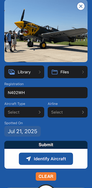 Importing an aircraft photo into SpotterLog: choosing a photo, identifying the aircraft, and geolocating the sighting on the map