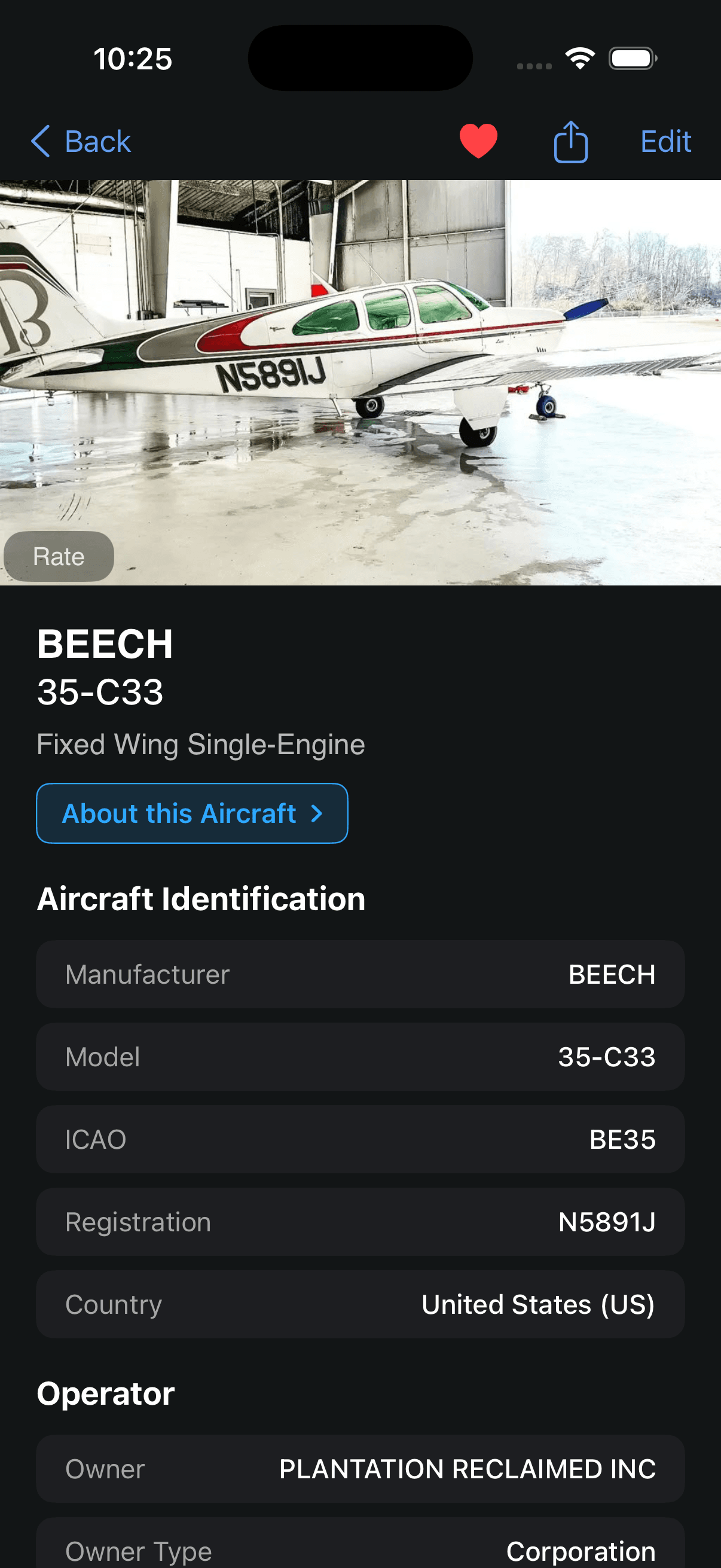 A SpotterLog sighting built from a single photo — aircraft identified, dated and geolocated automatically.