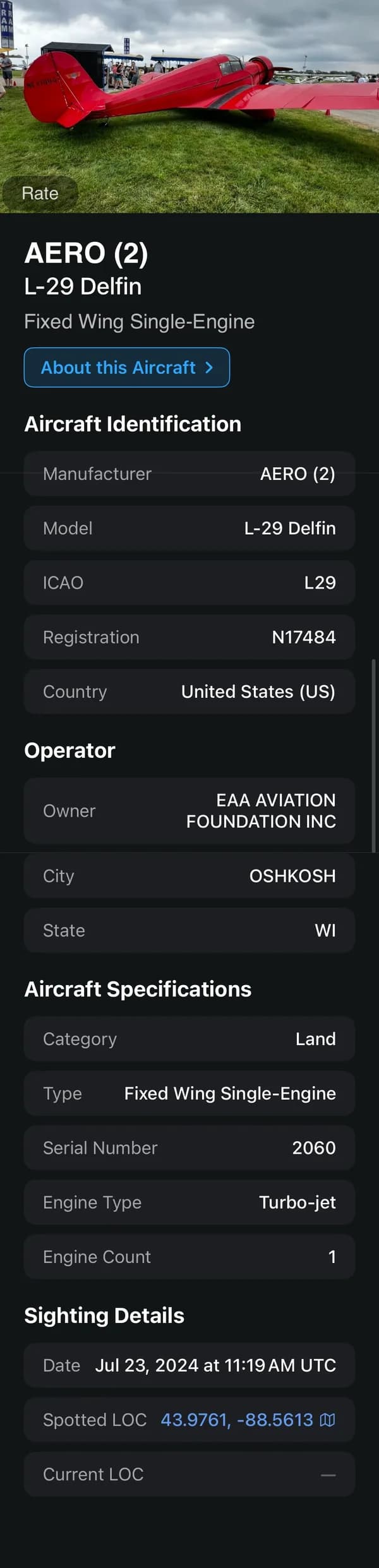 SpotterLog interactive map zooming from an airfield into a spotted aircraft's detail and encyclopedia pages