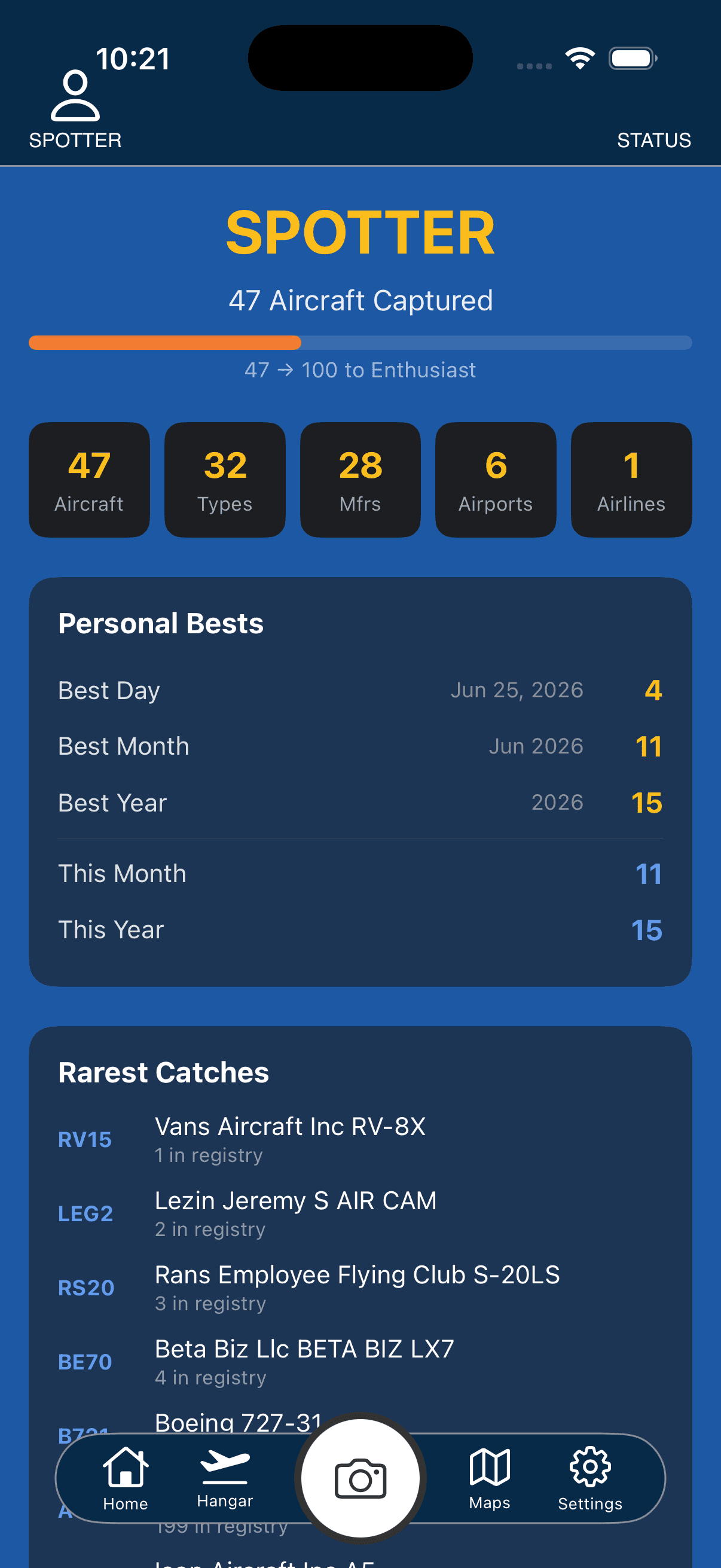 SpotterLog status screen with spotting stats, personal bests, and rarest catches