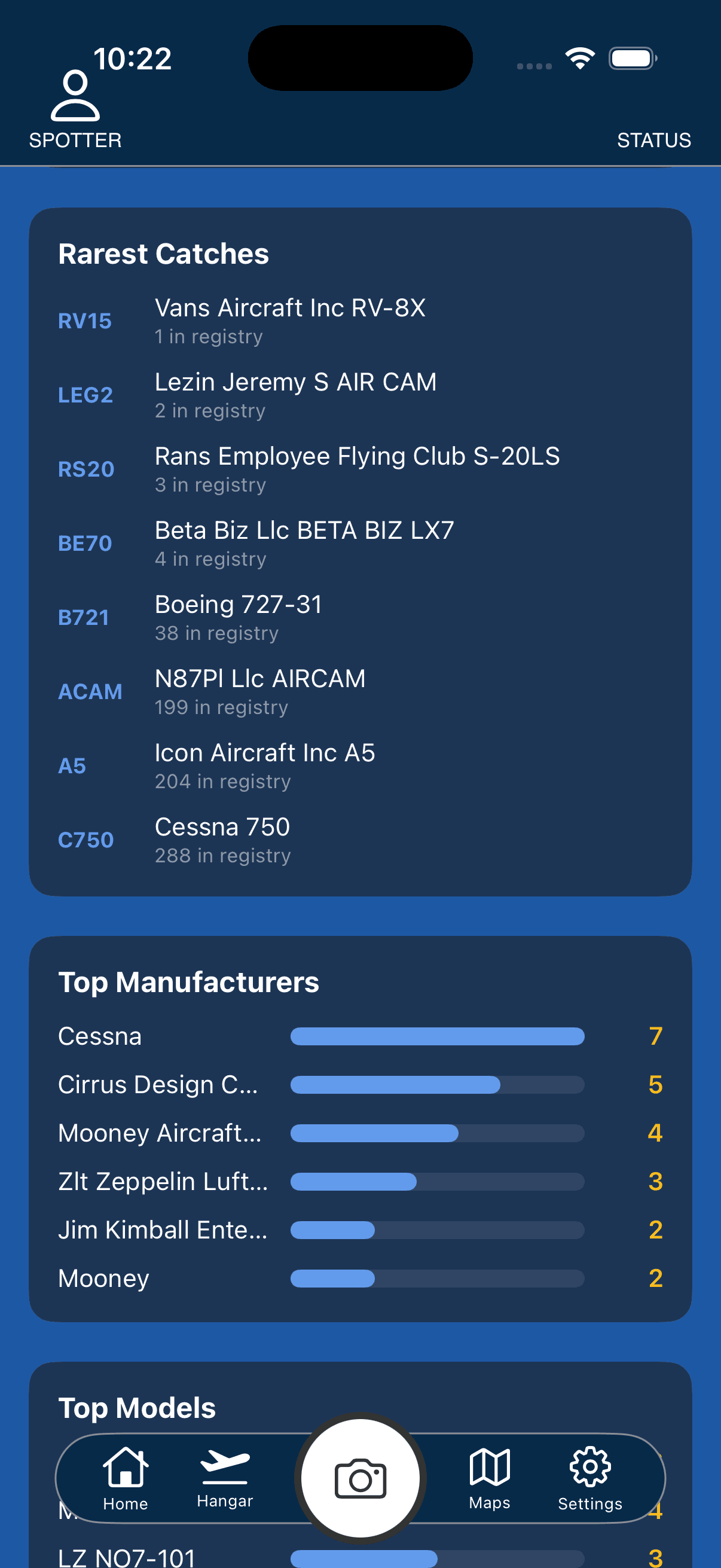 A SpotterLog profile showing rarest catches and top manufacturers — a lasting, quantified record of everything spotted.